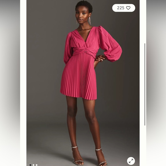 Aureta x Anthropologie Pleated Long-Sleeve V-Neck Dress Pink - XS - Picture 1 of 7